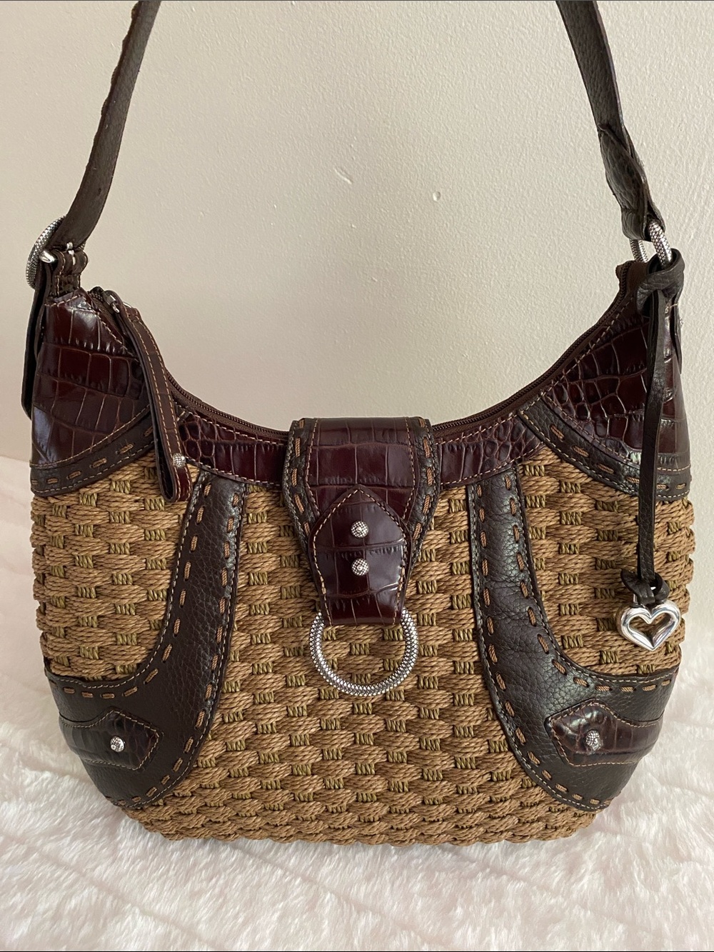 Brighton Brown Jute and Leather Woven Shoulder Bag In Tan and Brown